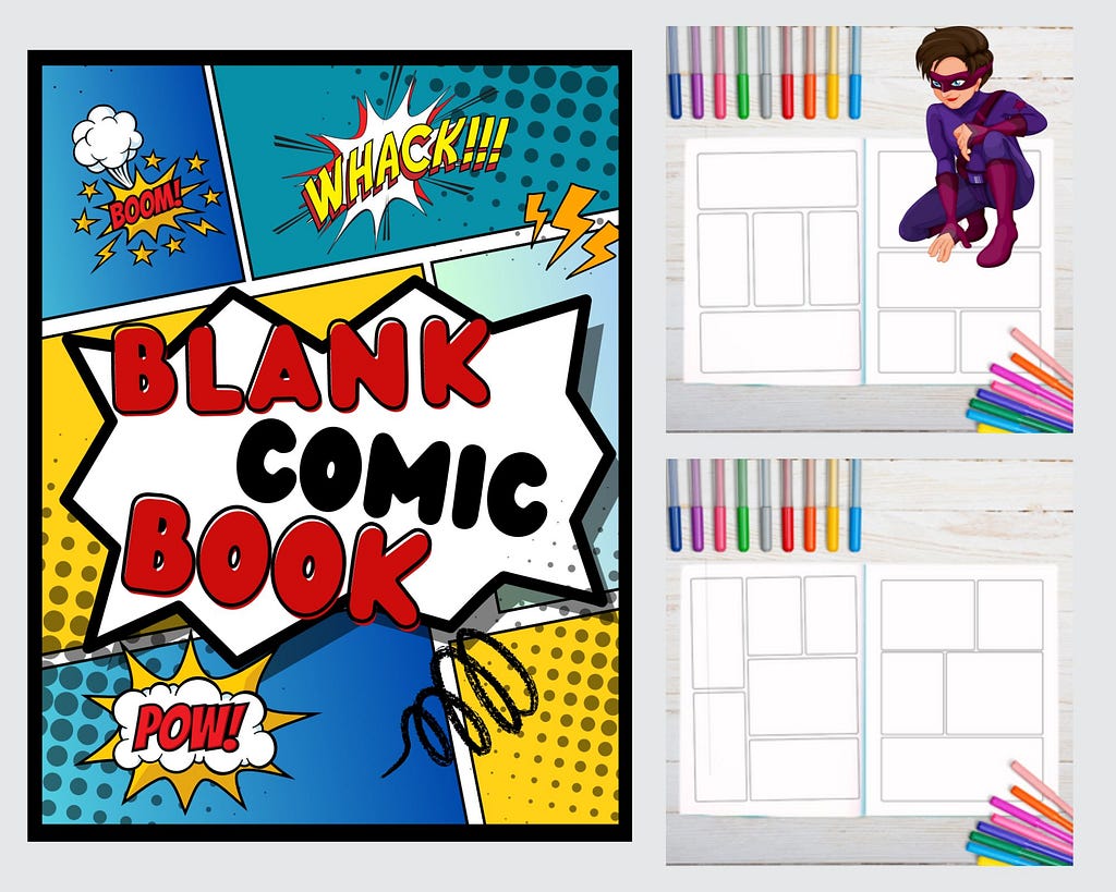 A blank comic book with some crayons and a superhero Suggestion for buying blank comic books in bulk.