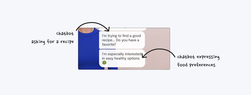 A chat interface with two messages from a chatbot. The first message asks ‘I’m trying to find a good recipe… Do you have a favorite?’ followed by a second message that reads ‘I’m especially interested in easy healthy options’ with a salad emoji.