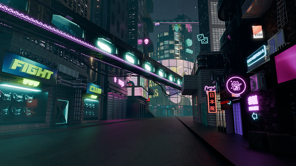 A 3D image of a neon-lit futuristic city at night, featuring a neon bridge, numerous neon signs, Asian restaurants, and tall buildings.