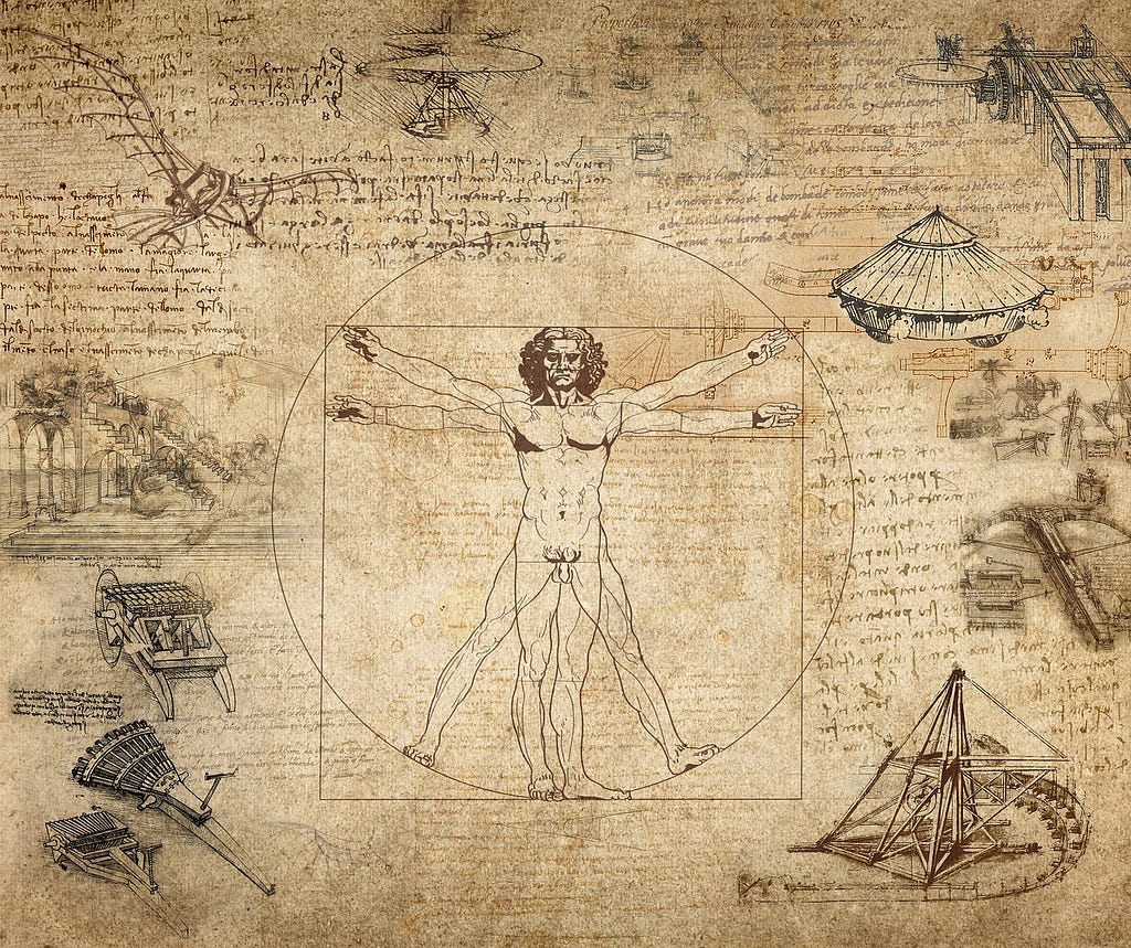 A collage of DaVinci’s inventions surrounding his Vitruvian Man sketch