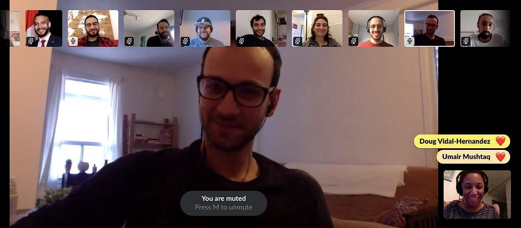 Our team’s faces on screen during our remote retro meeting via Slack!