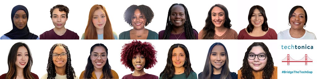 Smiling headshots of 15 women and non-binary adults, mostly BIPOC, and the blue Techtonica logo with a red bridge and #BridgeTheTechGap.