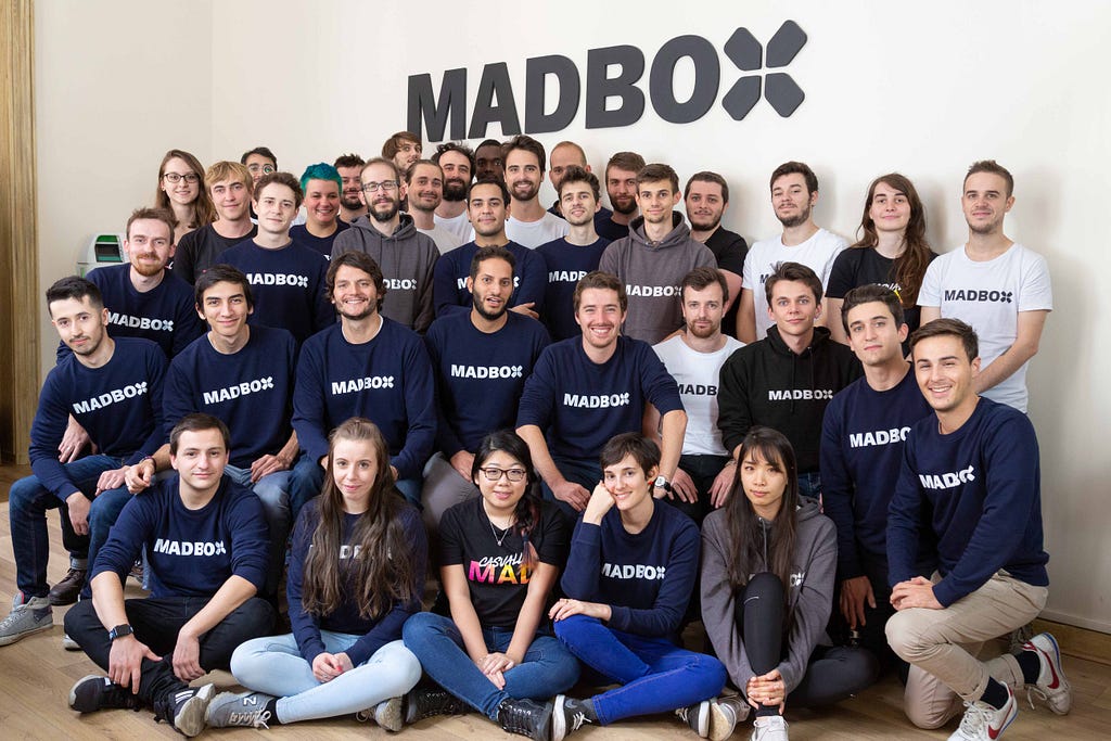 Here you will see the team of people at Madbox Paris gathered for a group photo. Bright with smiles and wearing Madbox branded clothing, they’re ready to great mad things. Picture taken in 2019.