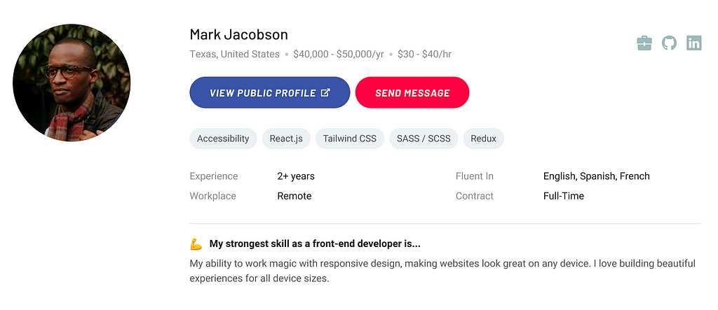 Screenshot of the first section of the Talent Profile page on the Frontend Mentor Hiring platform showing how the featured insight appears near the top alongside the other most important information.