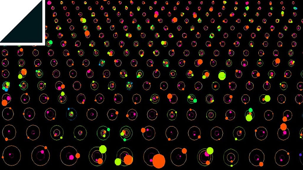 Graphic depicting an array of hundreds of planetary systems with one or more planets in orbit around a star.