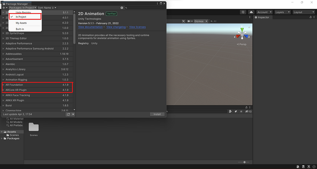 install AR Foundation and ARCore XR Plugin from Package Manager