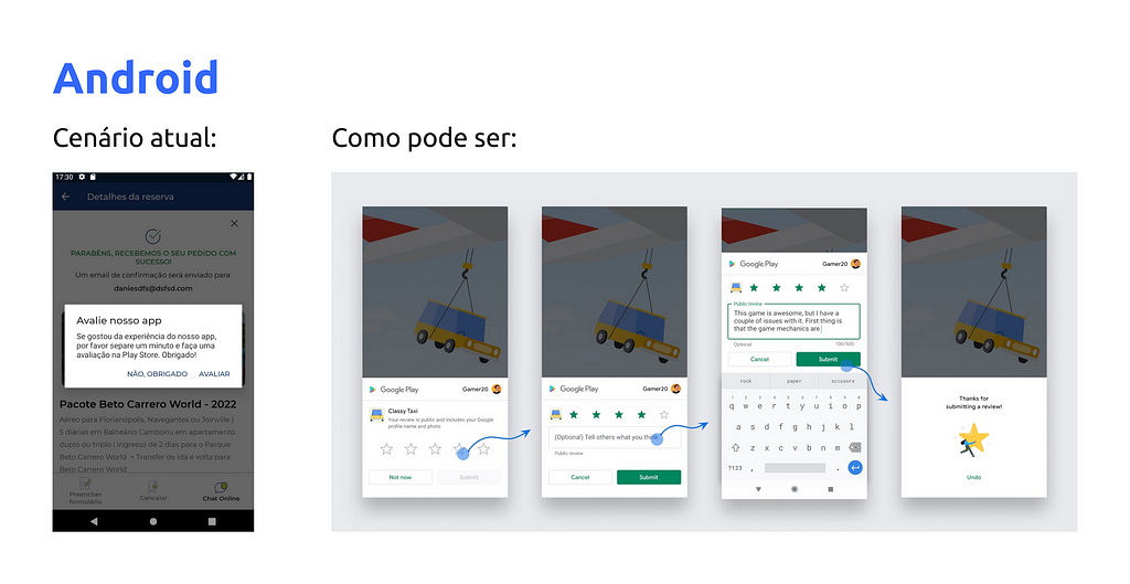 Exemplo no Android em que o cenário atual é de um pop-up na tela do usuário pedindo avaliação e que tira o usuário do app e leva ele para a loja avaliar. Como poderia ser: usar a funcionalidade nativa de avaliação dentro do próprio app. É apenas uma camada de tela com opacidade em que o usuário pode avaliar na loja sem sair do app.