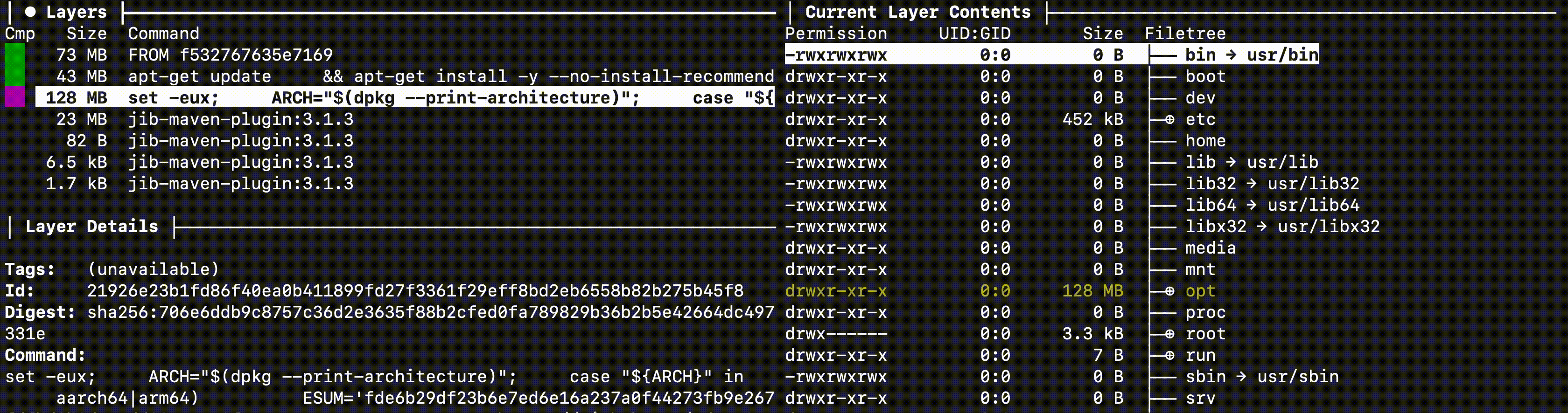 A animated screenshot of a part of the output from the dive-command. The animation cycles through the top four of the seven image layers showing the contents being added in the respective layer. It shows that the fourth layer has a size of 23 MB and that it adds the app/libs folder. The fifth layer has a size of 82 Bytes and adds the app/resources folder. The sixth layer has a size of 6.5 kB, adding the app/classes folder. The seventh layer has a size of one 1.7 kB adding two jib-specific files.