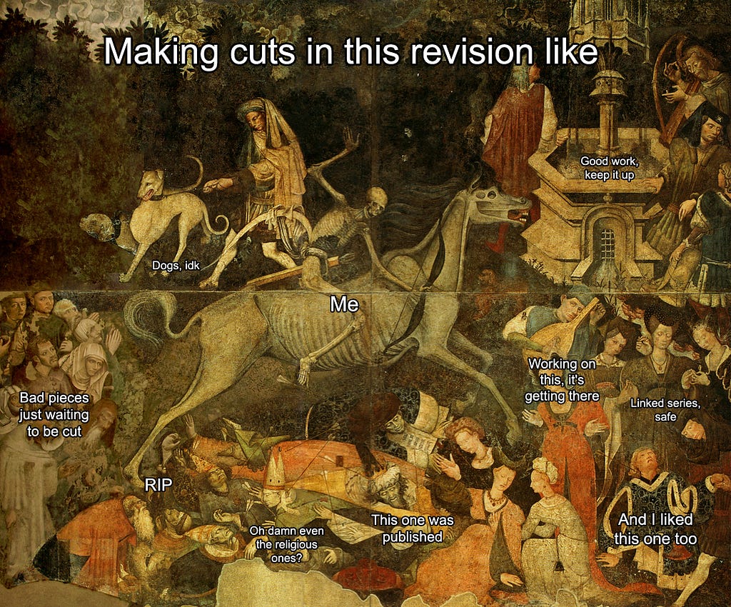 A meme based on “The Triumph of Death” a medieval painting showing death as a horse-riding bowman shooting down individuals.