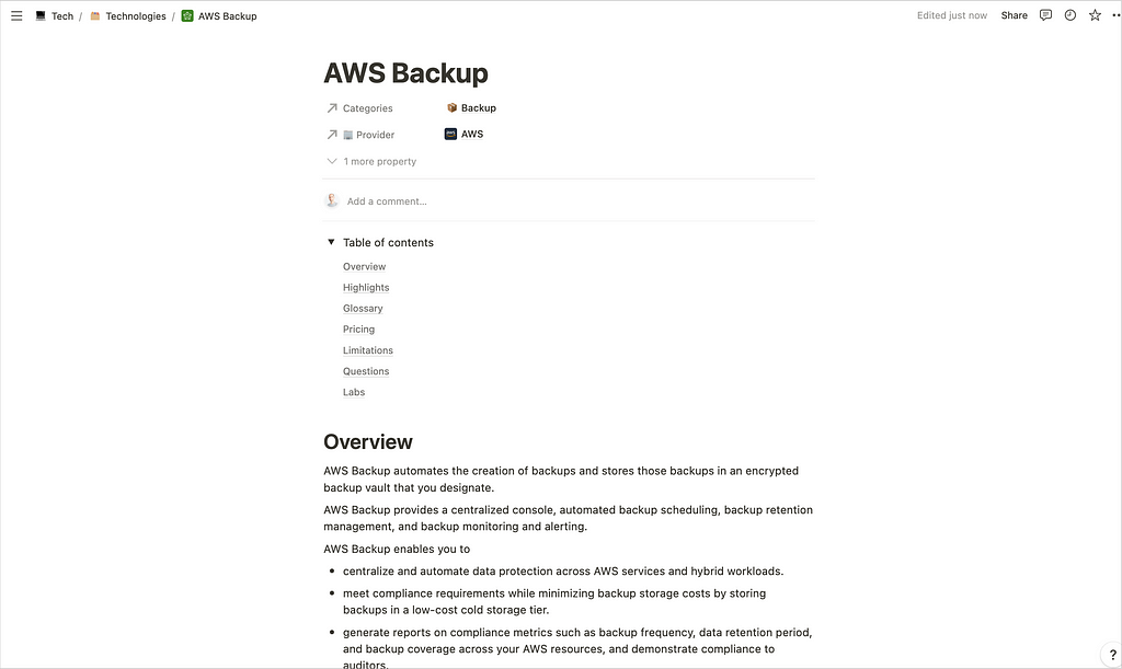 Overview of my personal notes about the AWS backup service
