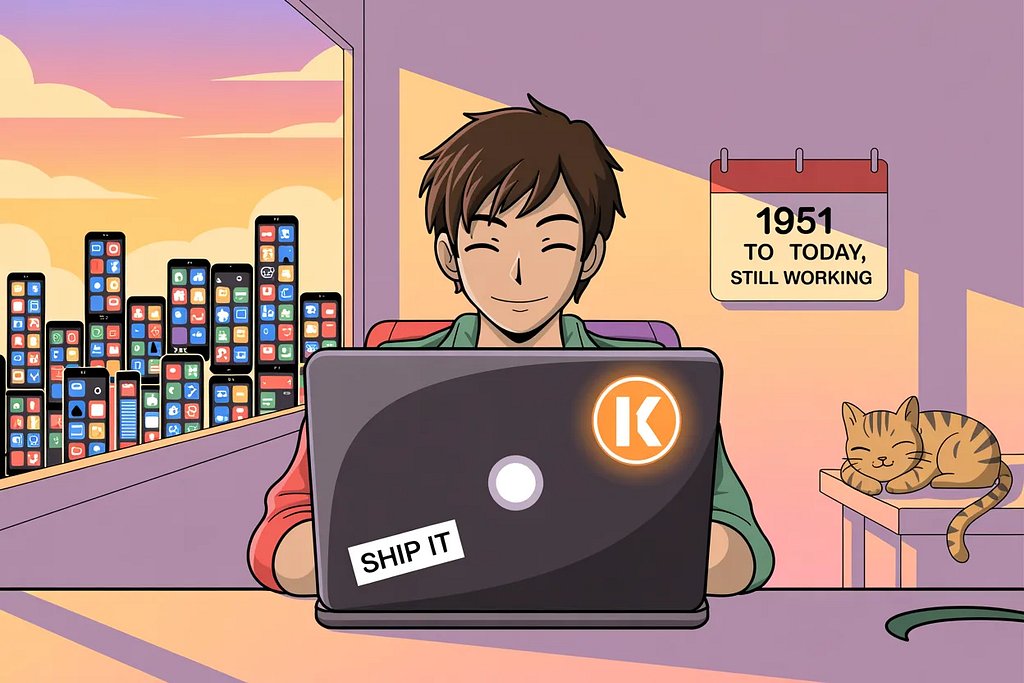 Cartoon developer closing a laptop with a K-shaped sticker as the sun sets over a stylized skyline of phone apps