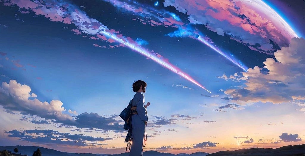 A girl standing alone beneath sky, image from anime movie “suzume no tojimari”.