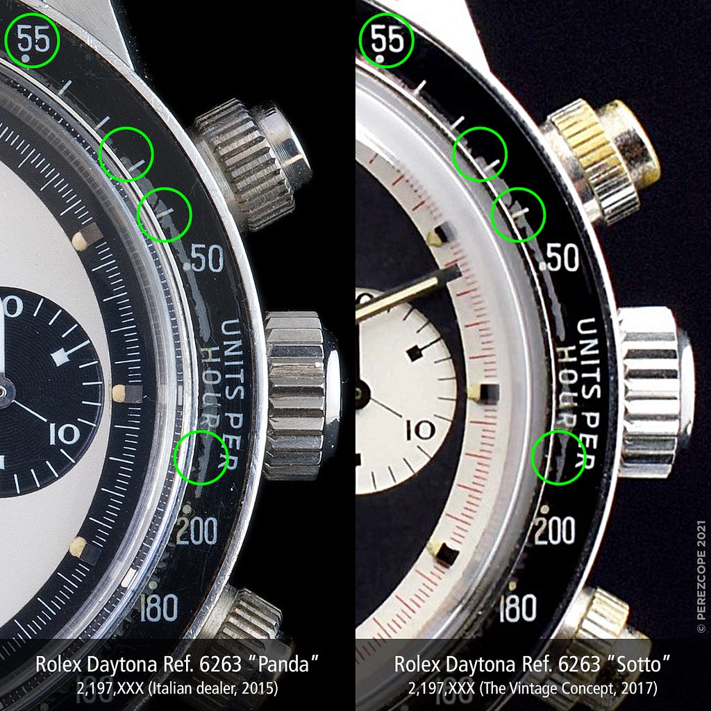 Side by side close-up comparison of 2 Rolex Ref6263 Daytona watches.