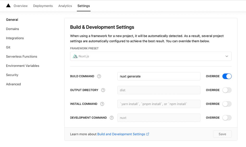 Vercel Build and Development Settings