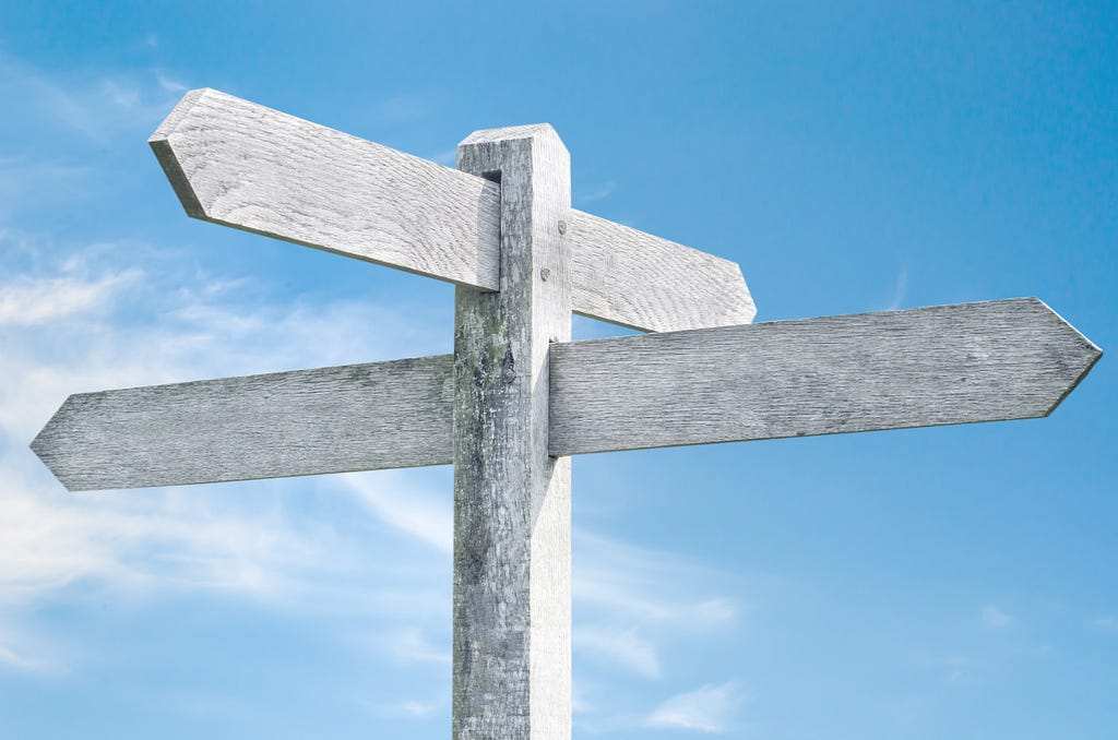 A light grey wooden signpost with four directional boards, without any words or symbols on it. There is a blue sky with wispy clouds in the background.