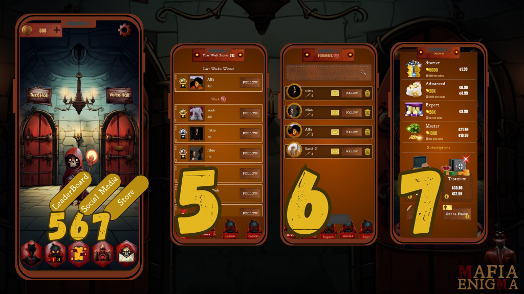 Screenshot showing Mafia Enigma’s LeaderBoard, Social Media, and Store features, including weekly scores, top players, follower management, currency packs, and subscription options.