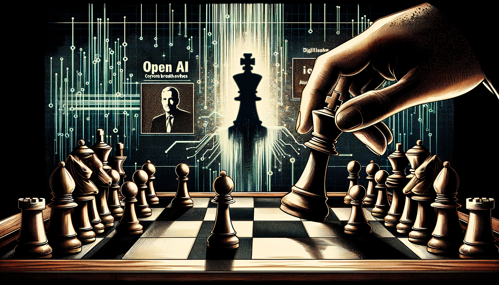 Graphic novel-style image showing a dramatic corporate setting with a chessboard where a king piece symbolizing CEO Sam Altman is strategically moved, set against a background featuring faint digital outlines of AI networks.