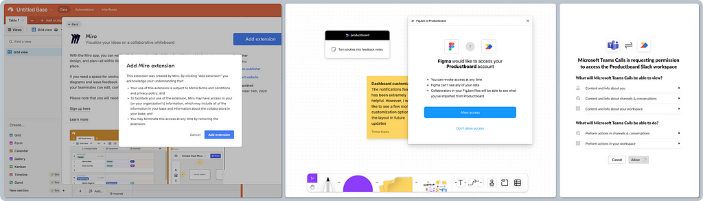 A composition of three screenshots showing Airtable’s disclaimer and Fig Jam and Slack’s permissions info.