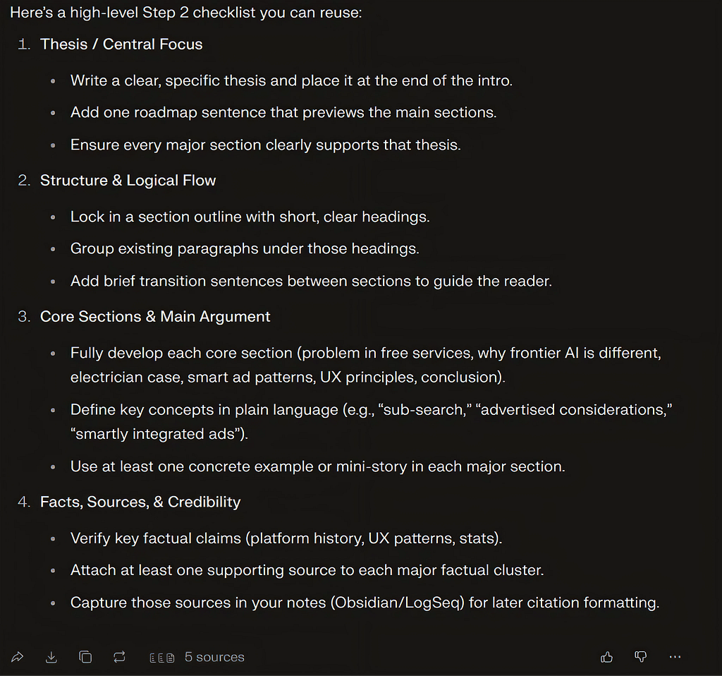 Screenshot of a dark‑mode Perplexity response showing a four‑part “Step 2” revision checklist titled “Thesis / Central Focus,” “Structure & Logical Flow,” “Core Sections & Main Argument,” and “Facts, Sources, & Credibility,” each with short bullet points about clarifying the thesis, adding headings, defining concepts, and verifying sources.