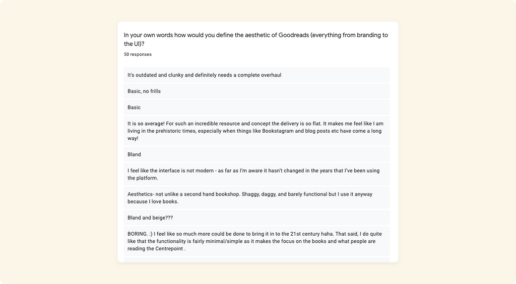 Results from UX survey quoting users’ opinions of Goodreads design language