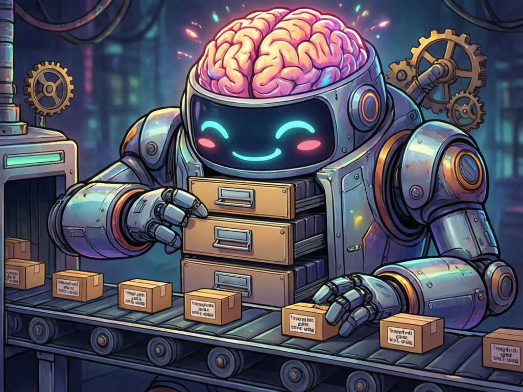 Cartoon friendly LSTM robot with memory drawers labeled forget gate input gate output gate