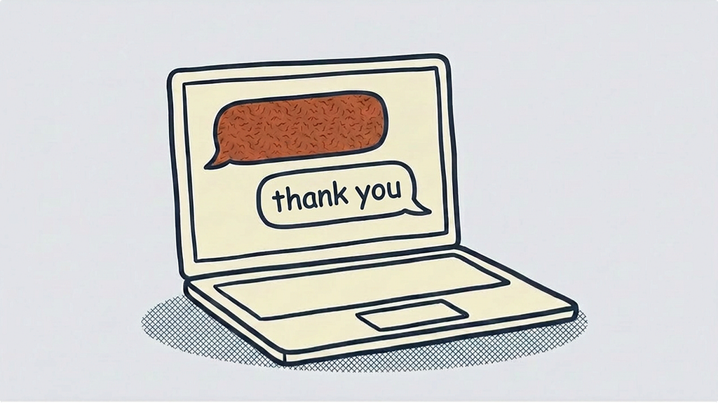 An open laptop seen from a slight angle. On the screen, two stacked chat bubbles are visible. The upper bubble is filled with a terracotta wavy texture, suggesting an AI message. The lower bubble is cream-coloured with the words “thank you” written inside, suggesting a human reply. The laptop is drawn in cream outline. All outlined in navy on a pale grey background.