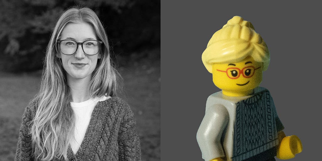 Anna Geffen headshot and her LEGO look-alike