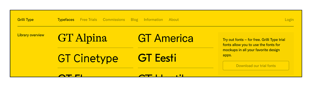 A screenshot of type foundry, Grilli Type’s homepage.