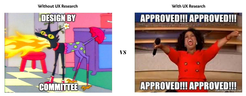 Memes comparing results without (a monster) vs. with (approved!) UX research.