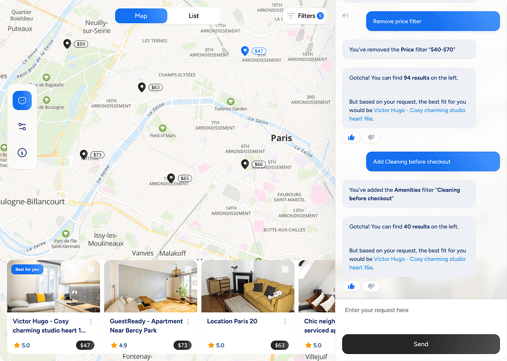 The interface of AI property search showing the user can change filters in the natural language search chatbot