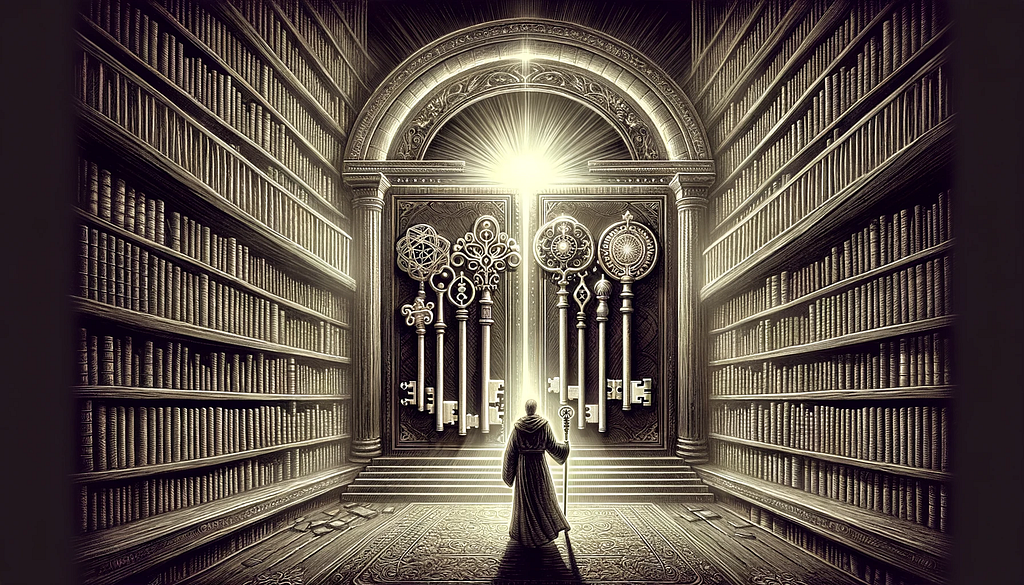 a vintage newspaper editorial style illustration that metaphorically represents the ‘Keys to the Kingdom’ for mastering SQL Reporting. Imagine a grand, ancient door, ornately decorated and standing at the center of a vast library filled with books on data analysis, databases, and programming. In the hands of a figure, who is depicted as a wise sage or a seasoned data analyst, are a set of large, glowing keys.