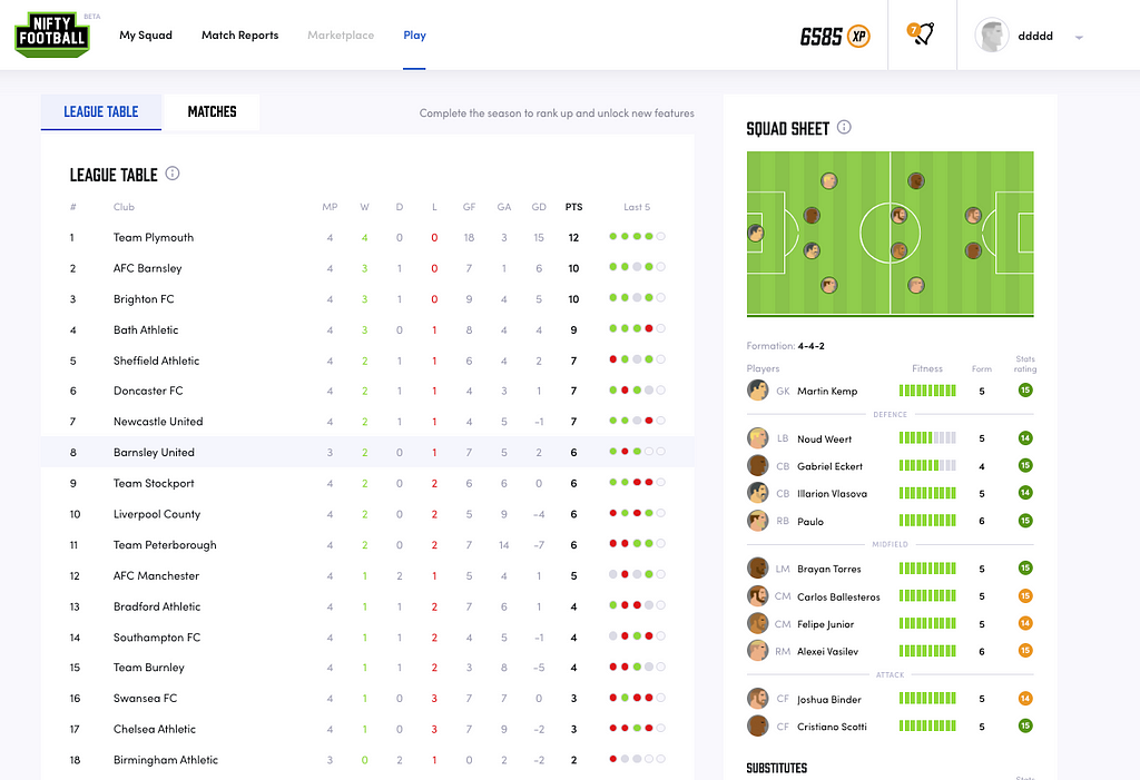 Screenshot of the Nifty Football league table