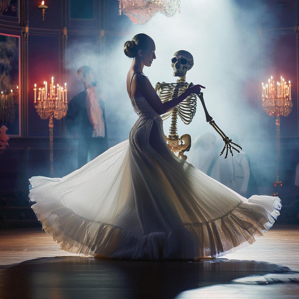 Woman, a bride, dancing with a skeleton in an elebaorate and darkened, candelabra lit, ballroom.