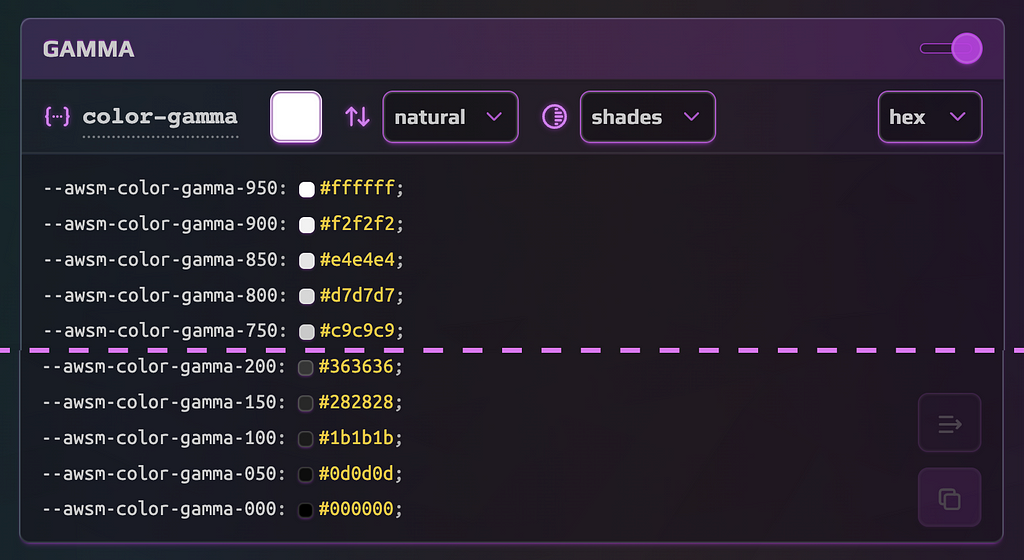 Screenshot of Design Tokens Generator app showcasing the Gamma Set of colors interface and output