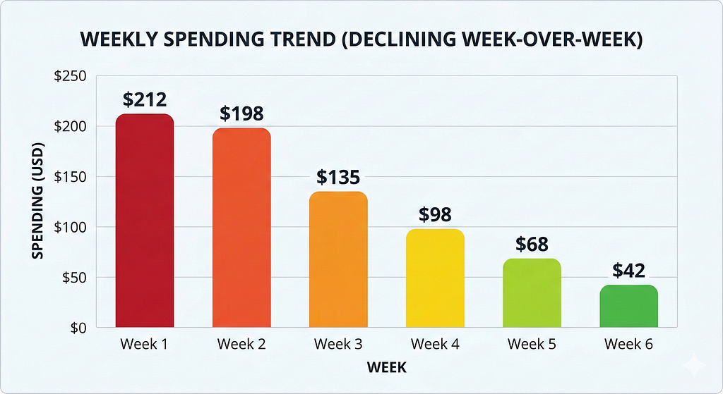 A simple bar chart showing your weekly spend declining week-over-week from Week 1 ($212) → Week 2 ($198) → Week 3 ($135) → Week 4 ($98) → Week 5 ($68) → Week 6 ($42).