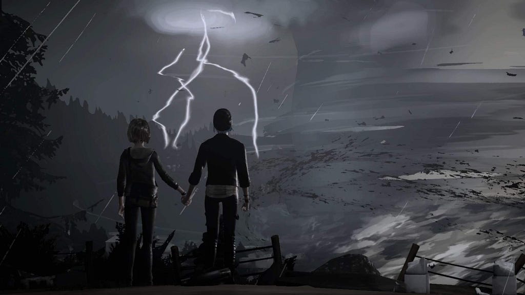 Two characters stand hand in hand looking over a cliff at a storm approaching.