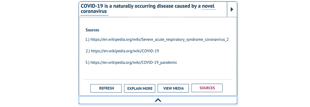 The same white box with text and various buttons and features is depicted. In this image, the button for “sources” is highlighted in pink. Instead of the explainer paragraph, there is a list of three sources. The sources are numbered one through three and are links to Wikipedia pages about COVID-19, the COVID-19 Pandemic, and Severe Acute Respiratory Syndrome.
