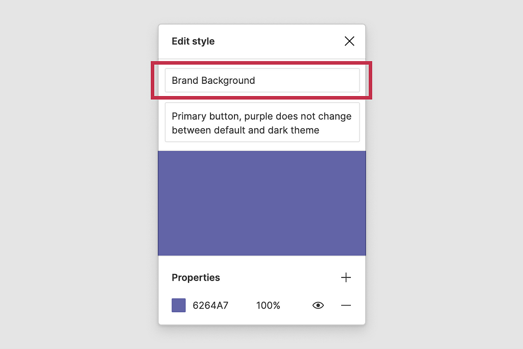 Figma UI color picker showing the saved value called “Brand Background”