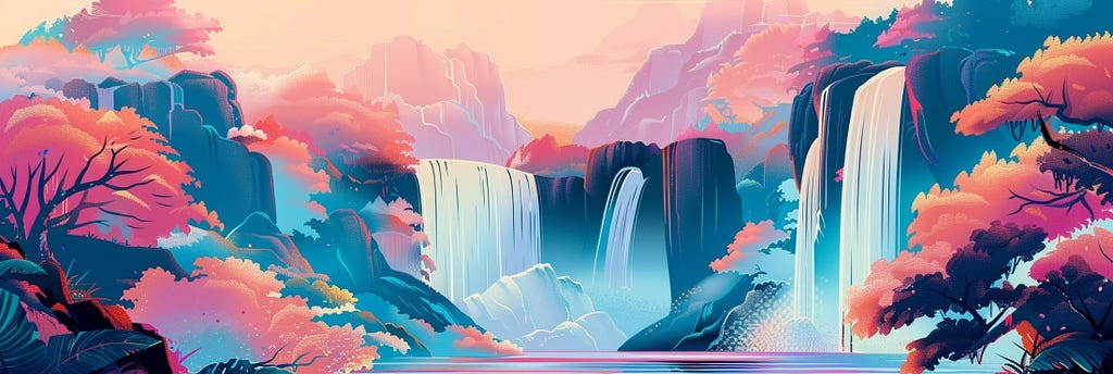 An illustration of several waterfalls flowing into one river surrounded by orange and pink trees and bushes.