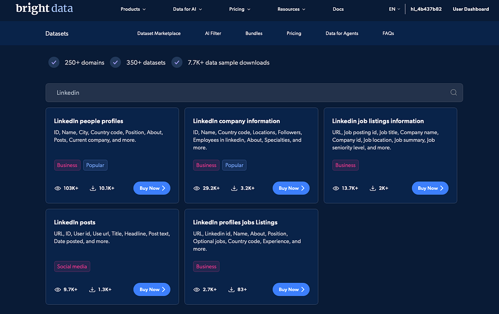 Example of LinkedIn datasets available in Bright Data's Dataset Marketplace, including people profiles, company information, job listings, posts, and profile-job listing datasets.