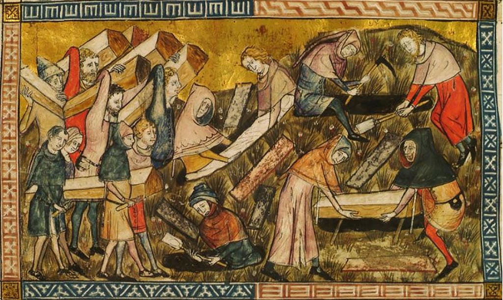 Medieval illustration of burials during a plague.