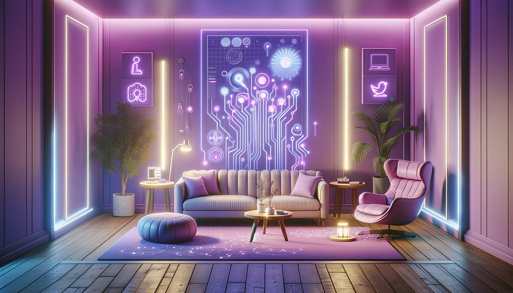 A modern therapy room with a calming pastel purple ambience, featuring smart lighting and digital interfaces that hint at the integration of artificial intelligence.