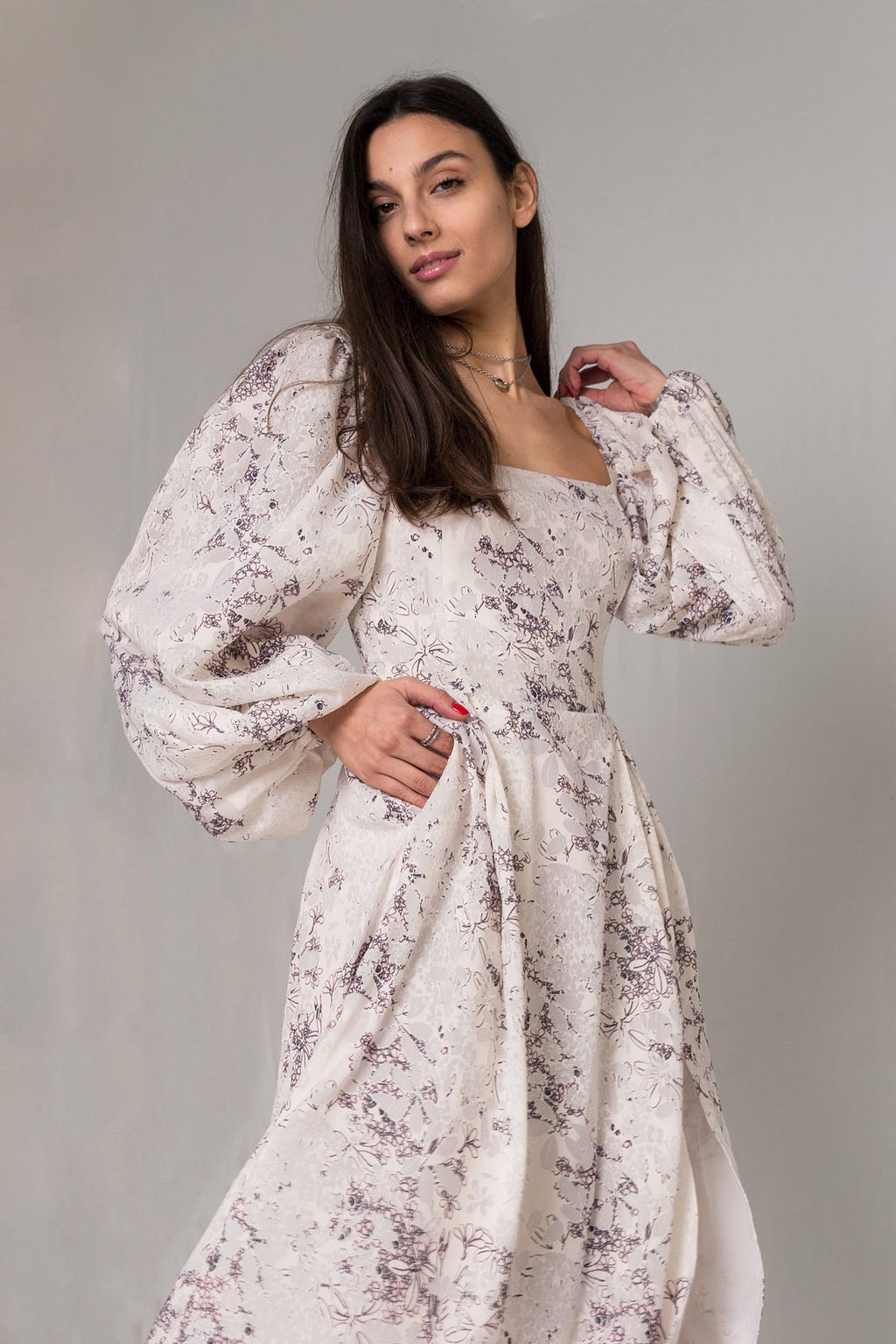 Bastet Noir made to measure white floral pattern dress with front slit, square neckline, baloon sleeves and side pockets