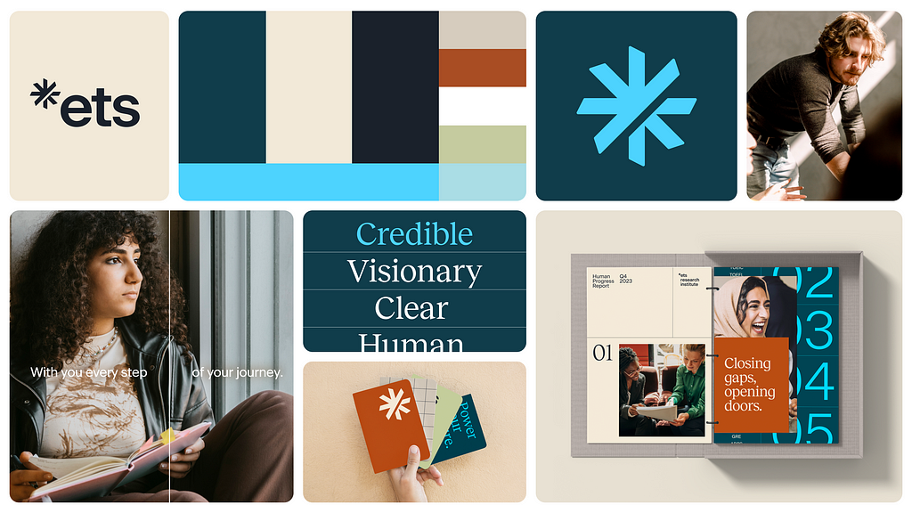 A style tile of ETS new branding featuring a new logo, color palette, and lifestyle photos. In the center of the frame there are 3 words written in a serif typeface that reads: credible, visionary, and clear. A sentence overlays a photo of a person reading a book, it reads: with you every step of your journey.
