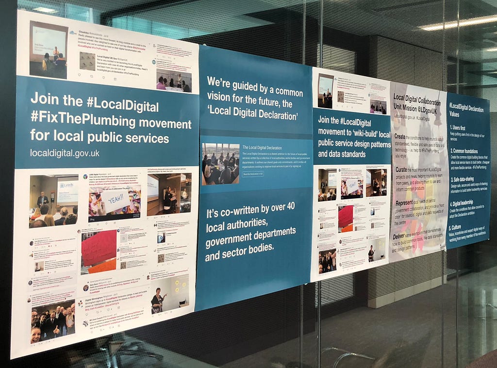 A wall of posters from the Local Digital Declaration launch in July 2018