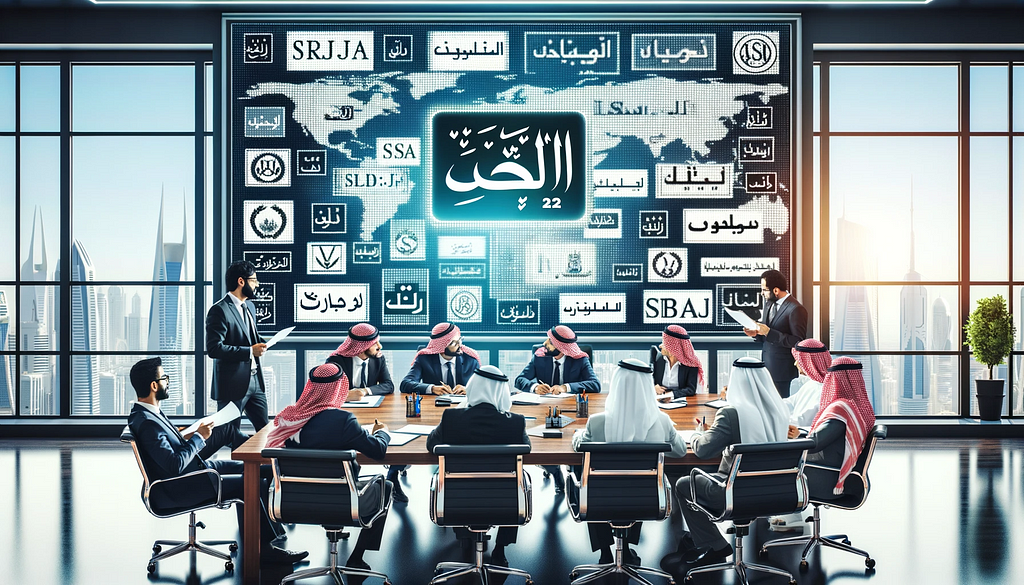 AI Image showing modren Saudi office where they are discussing IP Laws in Saudi Arabia.