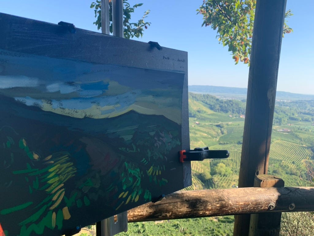 Photograph showing a plein-air painting by Tracey Halvorsen in progress.