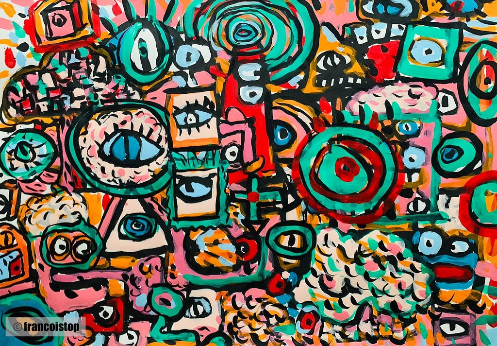 From chatGPT: a dense, colorful abstract composition filled with overlapping shapes and repeated eye-like symbols. bright reds, greens, pinks, yellows, and blues form spirals, circles, rectangles, and faces. The canvas feels chaotic and crowded, with dozens of stylized eyes appearing in different sizes and frames. Illustration by Francois Top