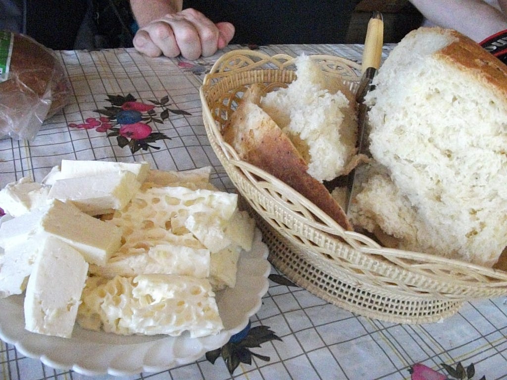 Cheese and bread for lunch in the Carpathian Mountains of Ukraine, 2013