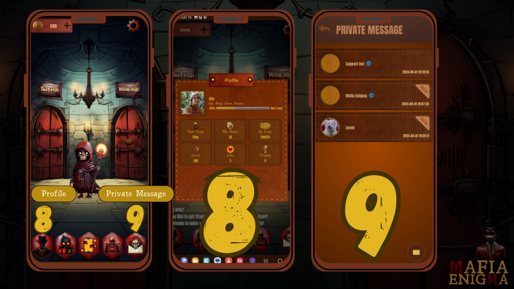 Screenshot showing Mafia Enigma’s Profile and Private Message features, including user stats, achievements, direct messaging, and support notifications.